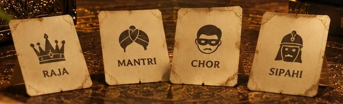 The four role cards from the game: Raja, Mantri, Chor and Sipahi